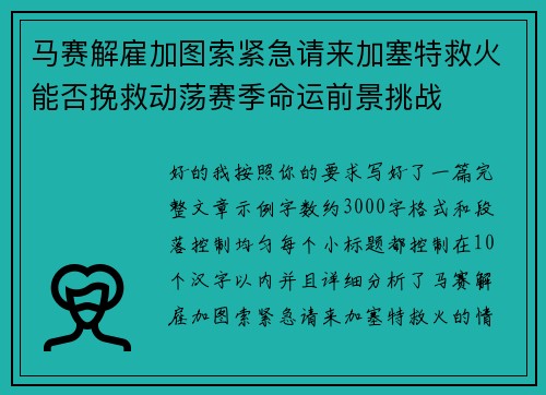 马赛解雇加图索紧急请来加塞特救火能否挽救动荡赛季命运前景挑战