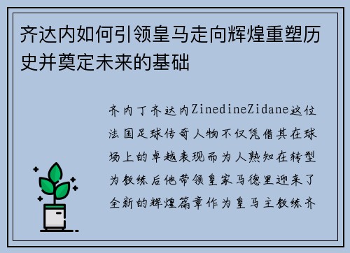 齐达内如何引领皇马走向辉煌重塑历史并奠定未来的基础 齐达内如何引领皇马走向辉煌重塑历史并奠定未来的基础