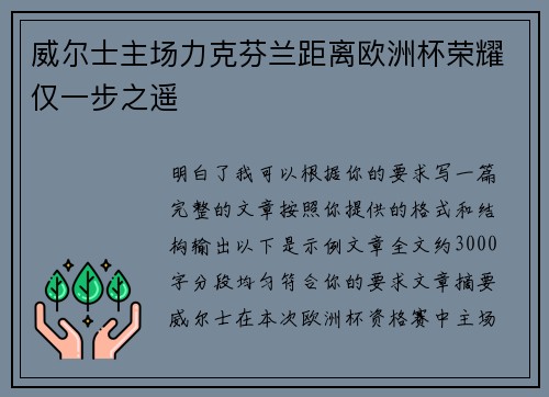 威尔士主场力克芬兰距离欧洲杯荣耀仅一步之遥 威尔士主场力克芬兰距离欧洲杯荣耀仅一步之遥