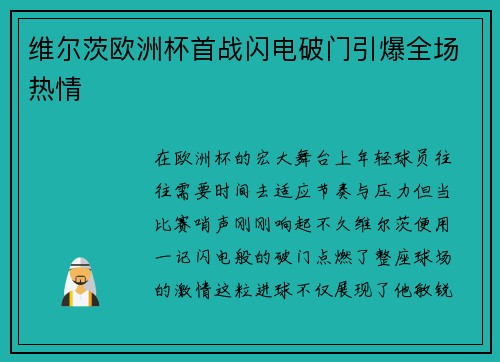 维尔茨欧洲杯首战闪电破门引爆全场热情